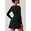 Miniatyrbilde 6 av 7: Kvinners firkantet halslinje bodice kjole lang ermet side splitt flare mini kjole black M
