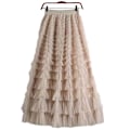 Miniatyrbillede 1 af 6: Dame Multilayer Ruffles Tulle Skjørt Højtaljet Skjørt Apricot L