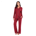 Miniatyrbild 3 av 7: Pyjamas Set för Kvinnor, Långärmad, Knappar, Nattkläder, Bomull, Pj-Set Red XL