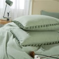 Miniatyrbild 2 av 5: Bomullsöverdrag med Pompom- fransar, 3-delat Bohemiskt Mikrofiberset Green Twin-168*228cm