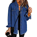 Miniatyrbillede 1 af 6: Dame Oversized Denimjakke Casual Lang Boyfriend Distressed Jeanshirt Dark Blue M