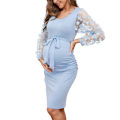 Miniatyrbilde 1 av 5: Blomstermønstret Mesh Bishop Langærmet Graviditets-Midikjole, Høst Graviditets-Bodycon Kjole Light Blue M