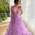 Miniatyrbillede 2 af 5: 3D Butterfly Tulle Aftenskjole til Kvinder, Blonder Applikation Prinsesse Aftenskjole PURPLE 18W
