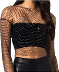 Kvinnors Mesh Body Chains Rhinestone Långärmad Genomskinlig Topp