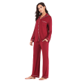 Miniatyrbild 2 av 7: Pyjamas Set för Kvinnor, Långärmad, Knappar, Nattkläder, Bomull, Pj-Set Red XL