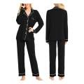 Miniatyrbild 1 av 6: Pyjamas Set för Kvinnor, Långärmad, Knappar, Nattkläder, Bomull, Pj-Set Black M