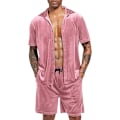 Pikkukuva 2 / 6: Miesten rento lyhyt setti sametti lyhythihainen napitettu paita 2 osainen asu urheiluasu Pink 2XL