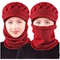 Miniatyrbillede 1 af 8: Fleeceforet Beanie Hat til Kvinder Vinterhat Halsklæde Maske Sæt Red