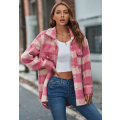 Miniatyrbilde 5 av 7: Kvinner Lang Ermet Casual Rutete Shacket Jakker Skjorter Krage Tweed Pea Coat Pink L