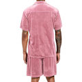 Pikkukuva 3 / 6: Miesten rento lyhyt setti sametti lyhythihainen napitettu paita 2 osainen asu urheiluasu Pink 2XL