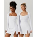 Pikkukuva 4 / 6: Naisten Neliökauluksinen Bodice-Mekko Pitkähihainen Sivuhaara Flare Mini-Mekot white L