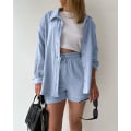Miniatyrbild 4 av 5: Dam 2-delad byxa set Linne Shirtort set Light Blue L