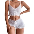 Miniatyrbillede 2 af 8: Dame 2-delt Lingeri Sæt, Rynket Kant Bånd foran Cami Top Shorts Natskjorte L