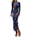 Miniatyrbillede 1 af 5: Sexy Langærmet Split Lang Kjole til Kvinder med Print Dark blue XL