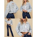 Miniatyrbilde 5 av 7: Damelanget Denimjakke med Frynser og Strass Light Blue M