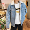 Miniatyrbillede 4 af 5: Mænds Lapel Sherpa Fleeceforet Tyk Denim Jean Trucker Jakke Frakker Light Blue S