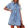 Miniatyrbilde 2 av 8: Kvinners kortærmet knappestoppende flytende lagdelt babydoll-denimkjole Black L