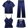 Dame 4-delt Pyjamassett Silke Satin Søvnklær Sexy Pjs Loungewear Navy Blue S