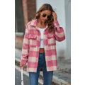 Miniatyrbilde 4 av 7: Kvinner Lang Ermet Casual Rutete Shacket Jakker Skjorter Krage Tweed Pea Coat Pink L