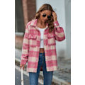 Miniatyrbillede 4 af 7: Dametøj Langærmet Casual Plaid Shacket Jakker Skjorter Lapel Tweed Peacoat Pink M