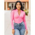 Miniatyrbild 4 av 5: Kvinnors Bodysuits Sexiga Ribbade Zip-Ärmar Toppar Pink XL