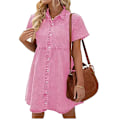 Pikkukuva 1 / 8: Naisten lyhythihainen napitettava, lepattava, kerroksittainen babydoll-denimmekko Pink 2XL