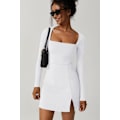 Miniatyrbillede 2 af 6: Kvindes Kvadratisk Halsudskæring Bodycon Kjole Langærmet Side Slids Flare Mini Kjole white M