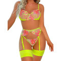 Pikkukuva 1 / 5: Kukallinen, Rintaliivit, G-string, Sukkapyörä, 4 Osainen Alusvaate Yellow XS