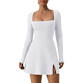 Miniatyrbillede 1 af 6: Kvindes Kvadratisk Halsudskæring Bodycon Kjole Langærmet Side Slids Flare Mini Kjole white L