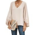 Miniatyrbilde 1 av 6: Kvinners V-hals Chiffon Skjorte Casual Lantern Erme Topp Apricot M