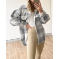 Miniatyrbilde 2 av 7: Kvinner Lang Ermet Casual Rutete Shacket Jakker Skjorter Krage Tweed Pea Coat Grey L