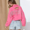 Miniatyrbilde 6 av 8: Damelanget Denimjakke med Frynser og Strass Rose Red XL