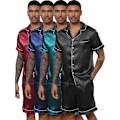 Miniatyrbild 8 av 9: Män Satin Pyjamas Set 2 Delar Loungewear Knapp-Ner Pjs Set red L