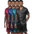 Miniatyrbild 8 av 9: Män Satin Pyjamas Set 2 Delar Loungewear Knapp-Ner Pjs Set red M