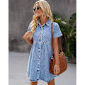 Miniatyrbilde 7 av 8: Kvinners kortærmet knappestoppende flytende lagdelt babydoll-denimkjole Black M