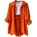 Dam 2-delad byxa set Linne Shirtort set Orange L