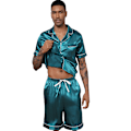 Miniatyrbild 5 av 8: Män Satin Pyjamas Set 2 Delar Loungewear Knapp-Ner Pjs Set green M