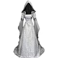 Miniatyrbillede 1 af 10: Deluxe Hexe Kjole Kostume til Kvinder, Vintage Broderet Renaissance Gotisk Hættede Vampyr Kjole Silver S