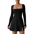 Miniatyrbillede 1 af 7: Kvindes Kvadratisk Halsudskæring Bodycon Kjole Langærmet Side Slids Flare Mini Kjole black XL