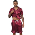 Miniatyrbild 5 av 9: Män Satin Pyjamas Set 2 Delar Loungewear Knapp-Ner Pjs Set red L