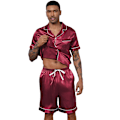 Miniatyrbild 5 av 9: Män Satin Pyjamas Set 2 Delar Loungewear Knapp-Ner Pjs Set red M