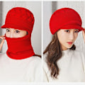 Miniatyrbillede 7 af 8: Fleeceforet Beanie Hat til Kvinder Vinterhat Halsklæde Maske Sæt Red