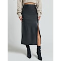 Miniatyrbild 2 av 8: Kvinnors Högmidjade Split Thigh Lång Pu Läder Bodycon Kjol Beige M
