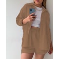 Miniatyrbild 4 av 5: Dam 2-delad byxa set Linne Shirtort set khaki XL