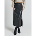 Miniatyrbild 3 av 8: Kvinnors Högmidjade Split Thigh Lång Pu Läder Bodycon Kjol Beige M