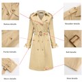 Miniatyrbillede 4 af 11: Dame Trenchcoat Lang Dobbeltbrystet Efterårsmode Klassisk Lapel Slank Overfrakke khaki M