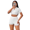 Miniatyrbilde 1 av 5: Dame Plaid Lapel Korte Ermer Shorts Tracksuit White L
