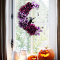 Miniatyrbillede 7 af 8: Halloween Halvmånekrans med Lys, Sort Måneblomst og Kattekrans Style 4