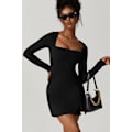 Miniatyrbillede 3 af 7: Kvindes Kvadratisk Halsudskæring Bodycon Kjole Langærmet Side Slids Flare Mini Kjole black XL
