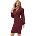 Miniatyrbillede 2 af 5: Kvindes Kjole Langærmet Wrap V-hals Bodycon Business Kjole Wine Red M